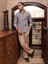 Men's Slim Fit Geometric Printed Full Sleeves Cutaway Collar Resort Wear Shirt