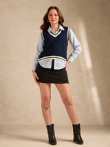 Women's Navy Blue Varsity Contrast Tipping Sweater
