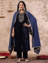 Women's Ethnic Velvet Navy Straight Kurta Set with Dupatta