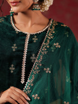 Women's Ethnic Velvet Green Straight Kurta Set with Dupatta