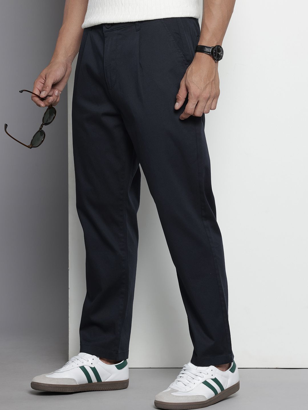 Men's Blue Casual Relaxed Fit Solid Trousers