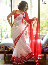 Women's White Mul Cotton Saree