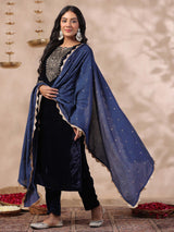 Women's Ethnic Velvet Navy Straight Kurta Set with Dupatta