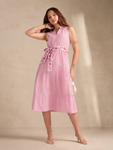 Women's Pink Flared Tiered Stripe Shirt Dress With Embroidered Belt