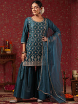 Women's Ethnic Blue Straight Poly Silk Kurta Set with Dupatta