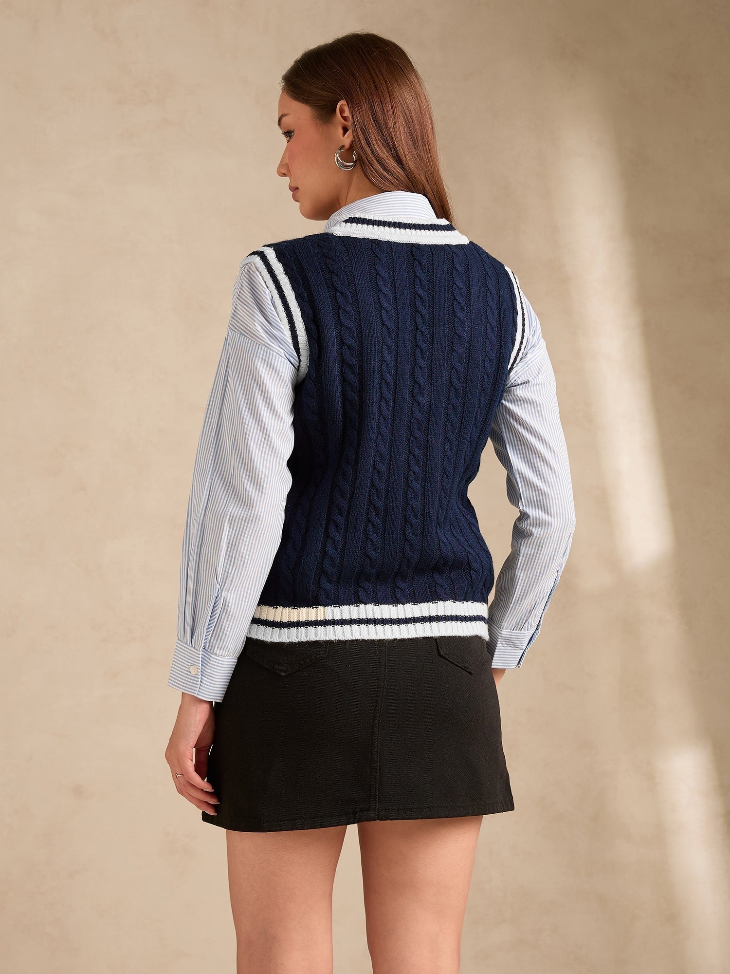 Women's Navy Blue Varsity Contrast Tipping Sweater