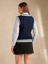 Women's Navy Blue Varsity Contrast Tipping Sweater