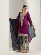 Women's Purple Polyester Chinon 3 Pieces Kurta Set