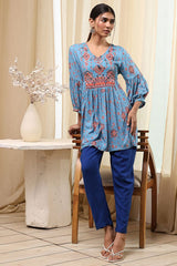 Women's Blue Festive Three Quarter Sleeves Kurti