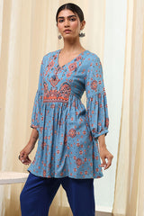 Women's Blue Festive Three Quarter Sleeves Kurti