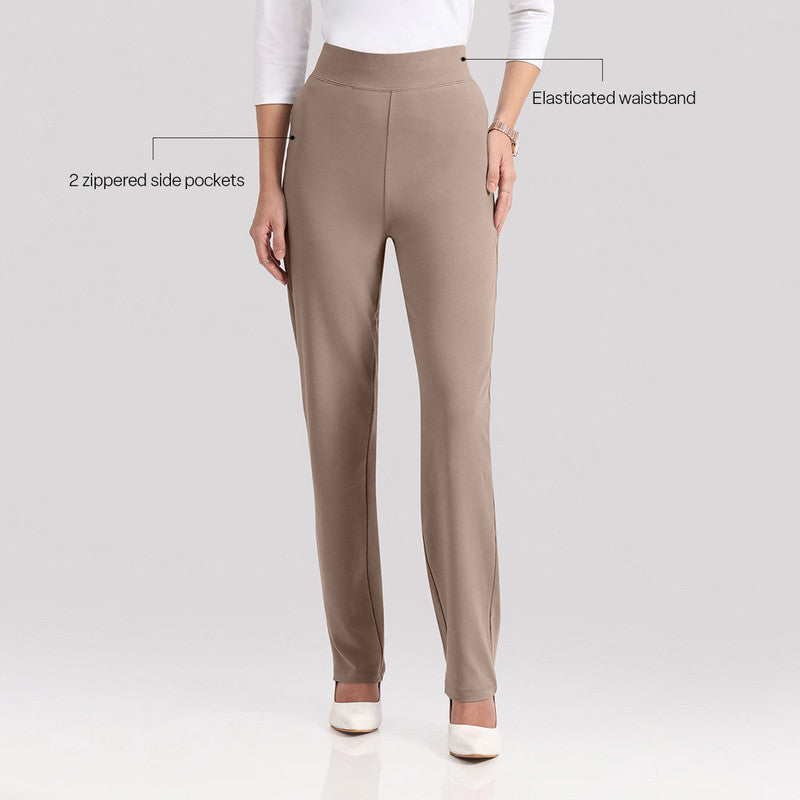 Women's Brown Solid Sports High Rise Pant
