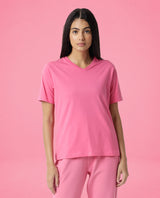 Women's Arvi Flouroscent Pink Cotton Blend Fabric Regular Fit Half Sleeves Solid V-Neck Tshirt
