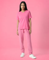 Women's Arvi Flouroscent Pink Cotton Blend Fabric Regular Fit Half Sleeves Solid V-Neck Tshirt