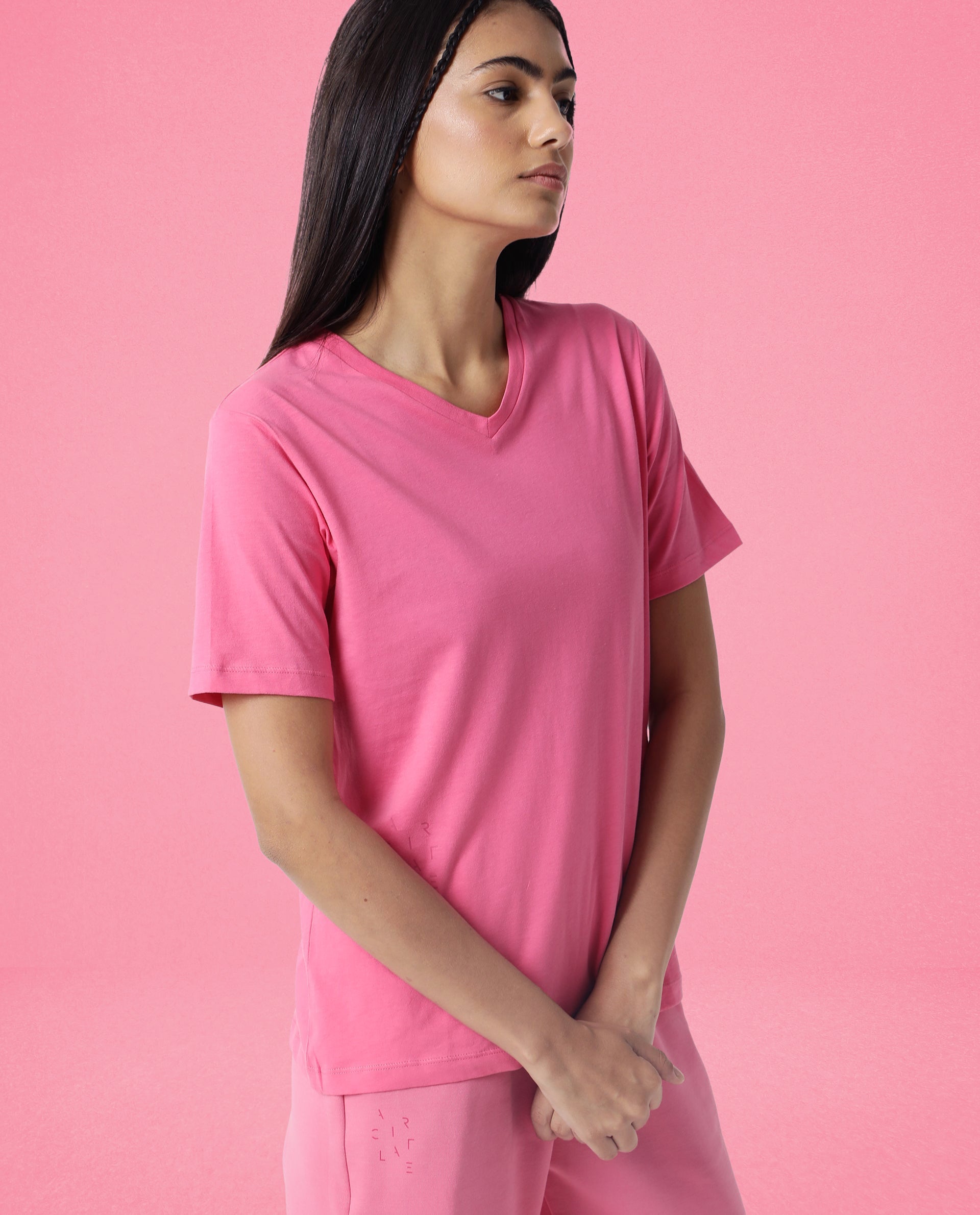 Women's Arvi Flouroscent Pink Cotton Blend Fabric Regular Fit Half Sleeves Solid V-Neck Tshirt