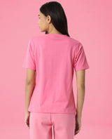 Women's Arvi Flouroscent Pink Cotton Blend Fabric Regular Fit Half Sleeves Solid V-Neck Tshirt