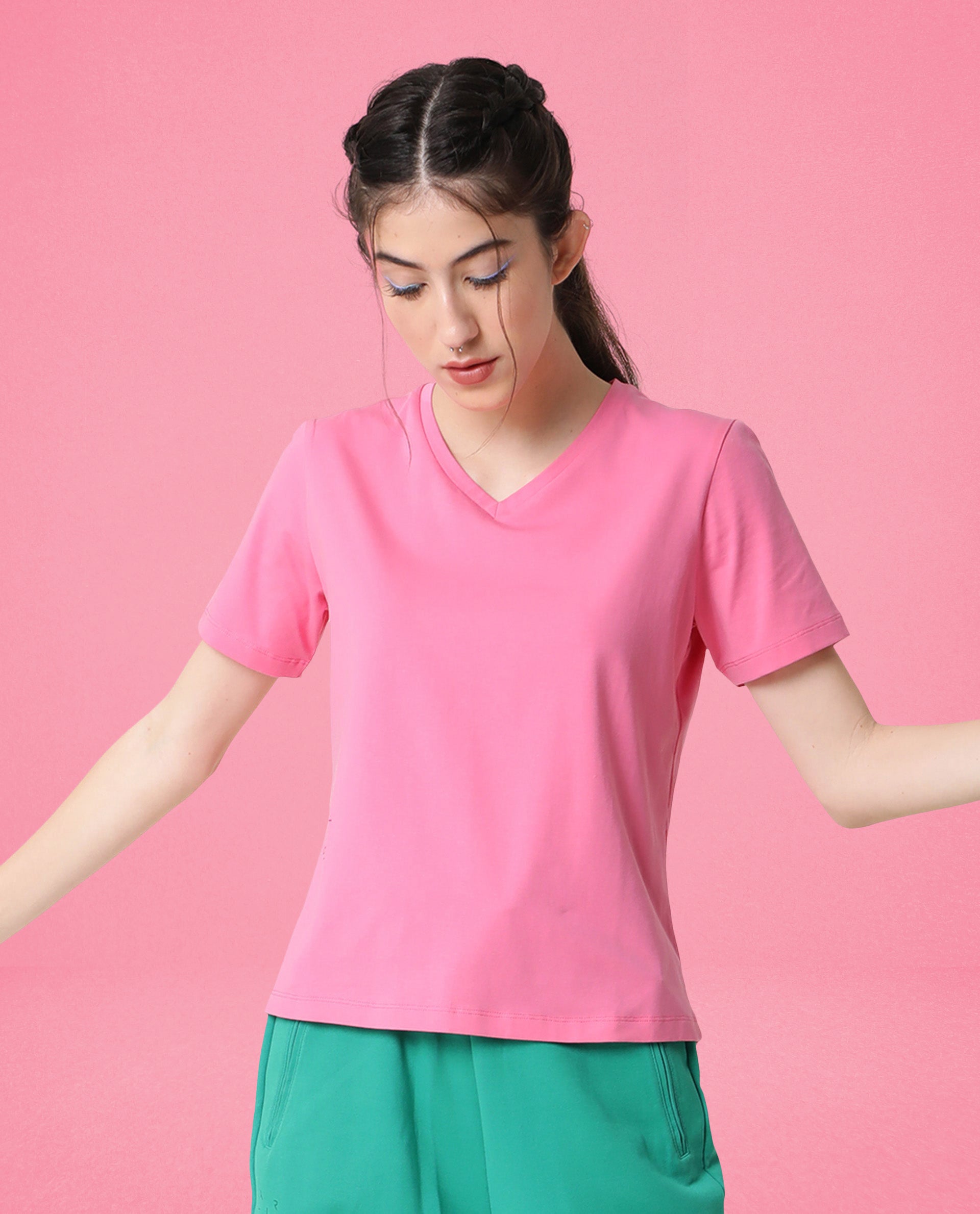 Women's Arvi Flouroscent Pink Cotton Blend Fabric Regular Fit Half Sleeves Solid V-Neck Tshirt