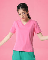Women's Arvi Flouroscent Pink Cotton Blend Fabric Regular Fit Half Sleeves Solid V-Neck Tshirt