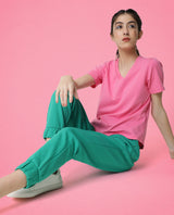 Women's Arvi Flouroscent Pink Cotton Blend Fabric Regular Fit Half Sleeves Solid V-Neck Tshirt