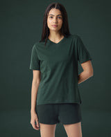 Women's Arvi Green Cotton Blend Fabric Regular Fit Half Sleeves Solid V-Neck Tshirt