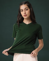 Women's Arvi Green Cotton Blend Fabric Regular Fit Half Sleeves Solid V-Neck Tshirt