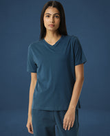 Women's Arvi Blue Cotton Blend Fabric Regular Fit Half Sleeves Solid V-Neck Tshirt
