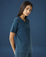 Women's Arvi Blue Cotton Blend Fabric Regular Fit Half Sleeves Solid V-Neck Tshirt