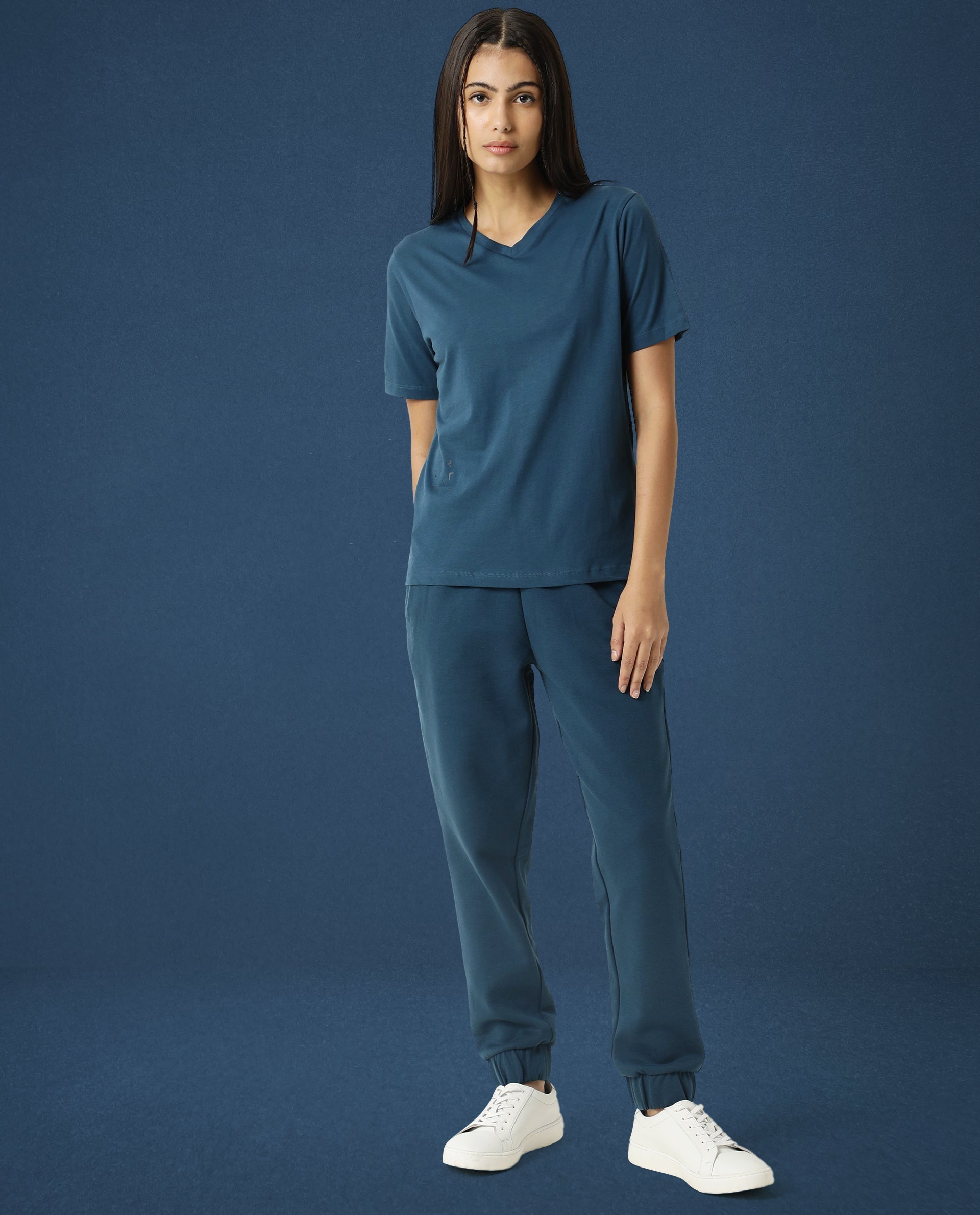 Women's Arvi Blue Cotton Blend Fabric Regular Fit Half Sleeves Solid V-Neck Tshirt