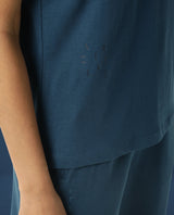 Women's Arvi Blue Cotton Blend Fabric Regular Fit Half Sleeves Solid V-Neck Tshirt