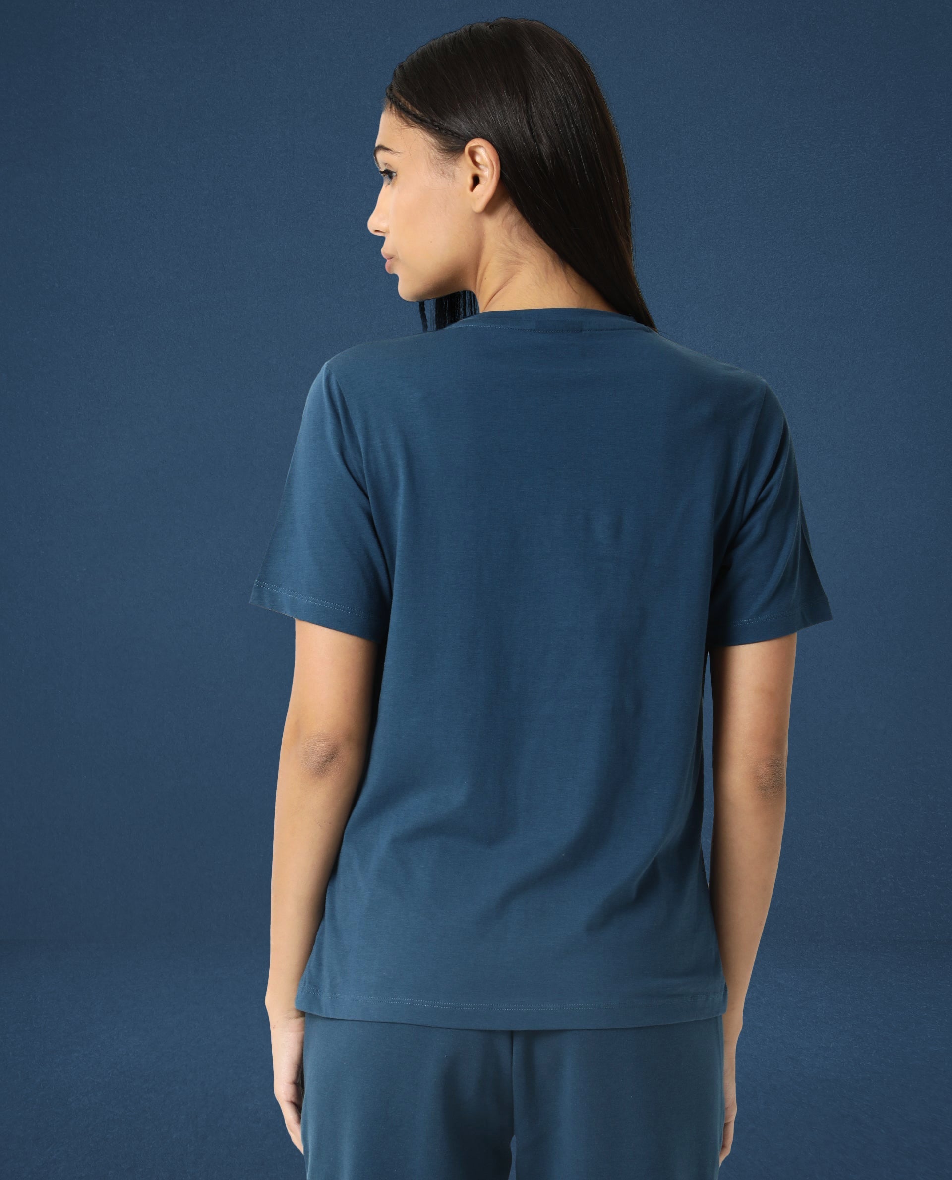 Women's Arvi Blue Cotton Blend Fabric Regular Fit Half Sleeves Solid V-Neck Tshirt