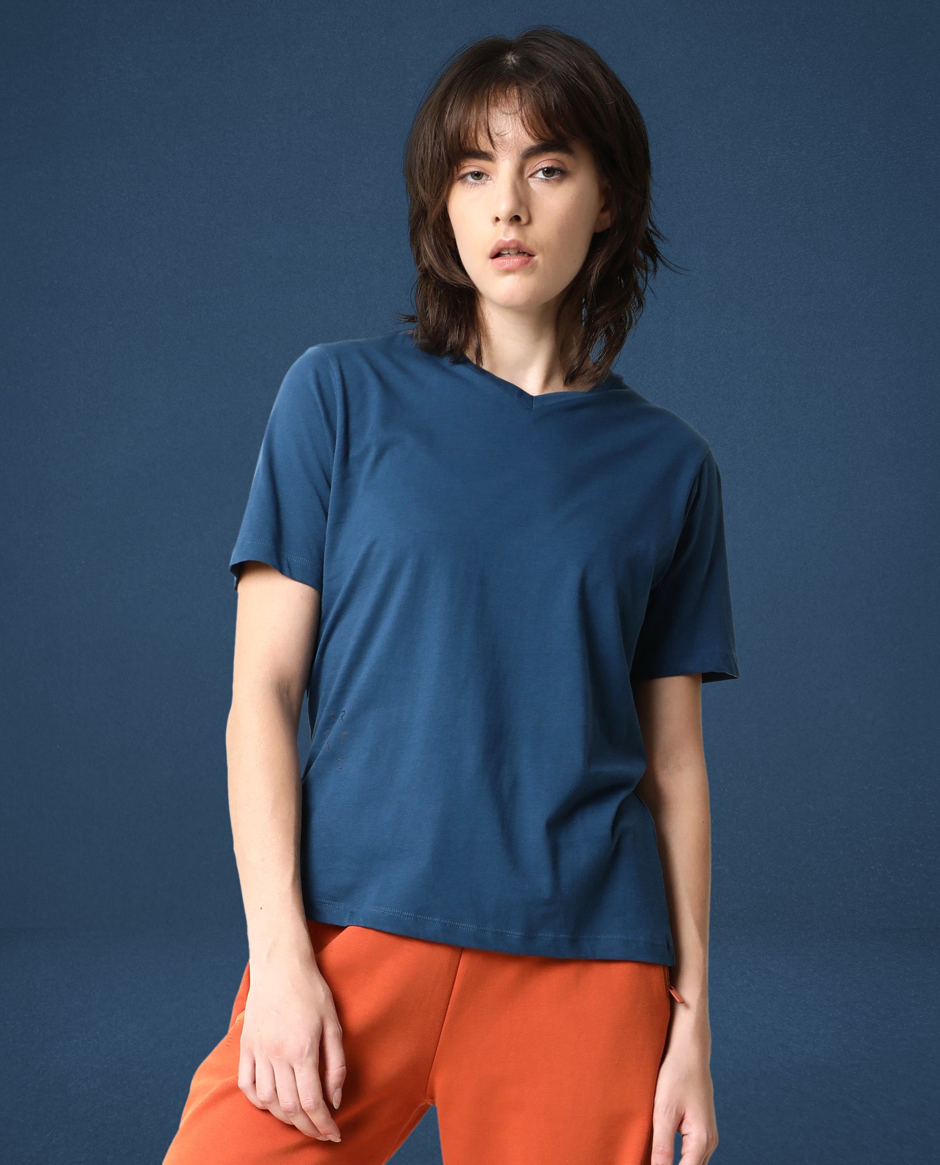 Women's Arvi Blue Cotton Blend Fabric Regular Fit Half Sleeves Solid V-Neck Tshirt