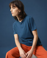 Women's Arvi Blue Cotton Blend Fabric Regular Fit Half Sleeves Solid V-Neck Tshirt