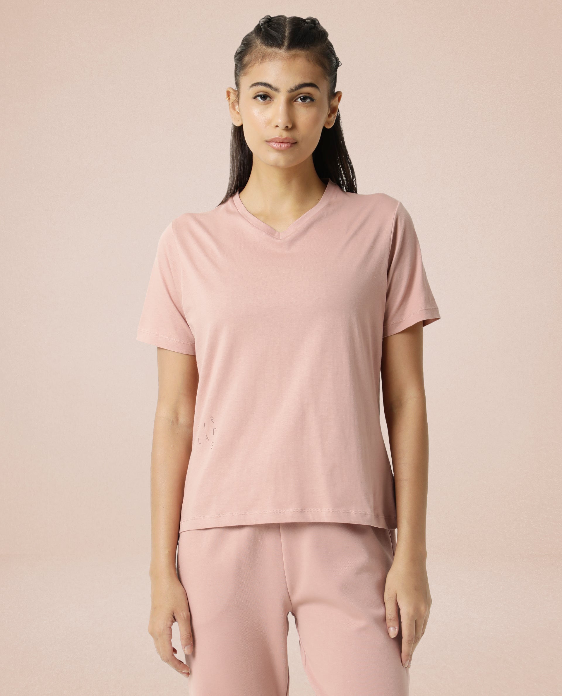 Women's Arvi Pink Cotton Blend Fabric Regular Fit Half Sleeves Solid V-Neck Tshirt