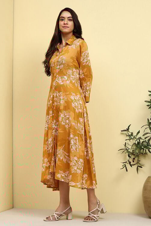 Women's Yellow Festive Three Quarter Sleeves Dress
