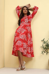 Women's Red Festive Three Quarter Sleeves Dress