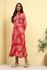 Women's Red Festive Three Quarter Sleeves Dress