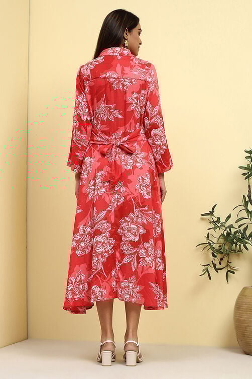 Women's Red Festive Three Quarter Sleeves Dress