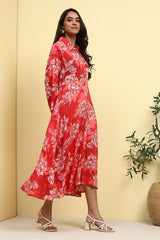 Women's Red Festive Three Quarter Sleeves Dress