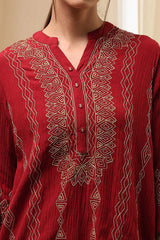 Women's Red Festive Three Quarter Sleeves Kurti