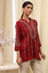 Women's Red Festive Three Quarter Sleeves Kurti