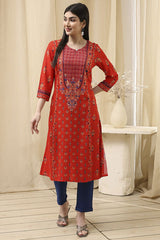 Women's Red Festive Three Quarter Sleeves Kurta