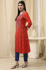Women's Red Festive Three Quarter Sleeves Kurta