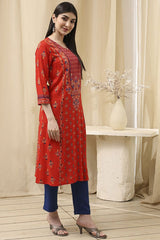 Women's Red Festive Three Quarter Sleeves Kurta