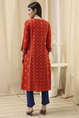 Women's Red Festive Three Quarter Sleeves Kurta