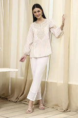 Women's Beige Festive Three Quarter Sleeves Kurti