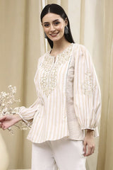 Women's Beige Festive Three Quarter Sleeves Kurti