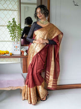Women's Red Cotton Silk Saree with Blouse Piece