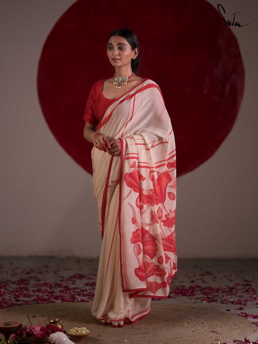 Women's White Mul Cotton Saree