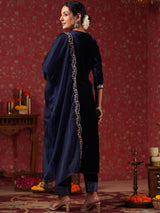 Women's Velvet Navy Straight Kurta Set with Dupatta