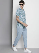 Men's Green Regular Fit Floral Printed Half Sleeves Spread Collar Casual Shirt