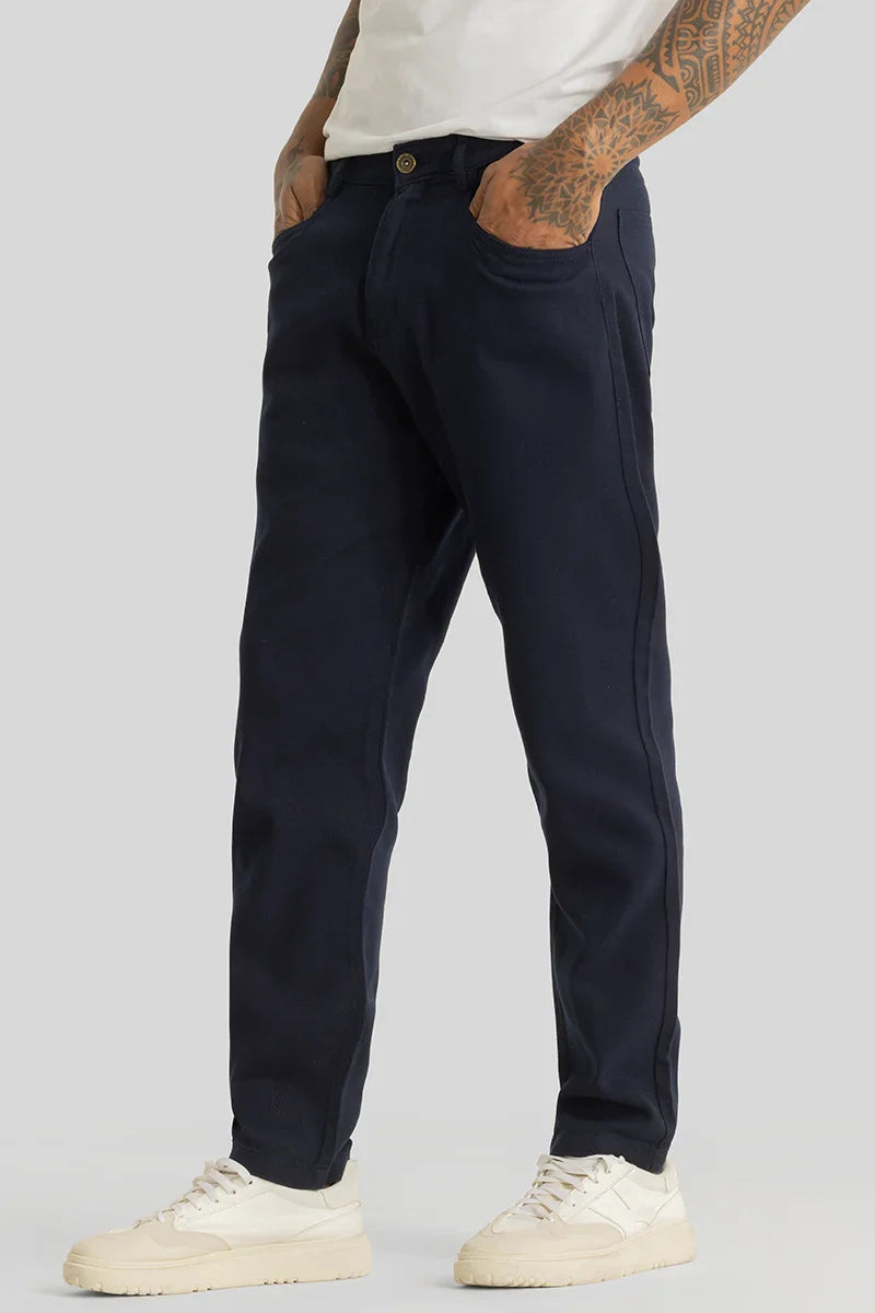 Men's Navy Casual Regular Fit Solid Chinos
